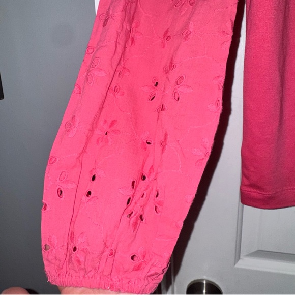 LOFT Pink Eyelet Round Neck Puff Long Sleeve Knit Top Shirt S - Picture 7 of 11